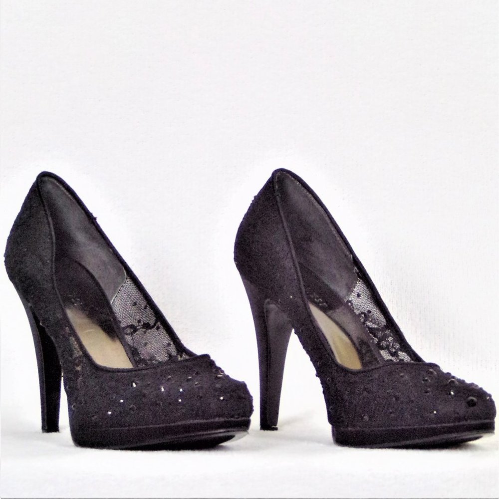 NINE WEST size 7.5M RUCHIRA black pumps ultra-high-heel textile mesh uppers